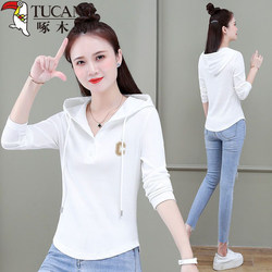Woodpecker Genuine Pure Cotton Hooded T-Shirt for Women 2024 Spring & Fall New Style ins Slim and Slim Bottoming Shirt for Small People
