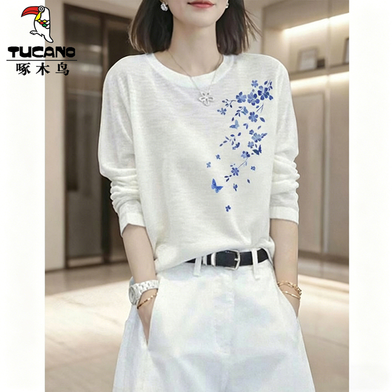 Woodpecker Genuine Long-Sleeved T-Shirt for Women, Printed Thin Top, Skin-Friendly and Breathable, 2026 Summer New Style, Loose Fit Woodpecker Genuine Long-Sleeved T-Shirt for Women, Printed Thin Top, Skin-Friendly and Breathable, 2026 Summer New Style, Loose Fit