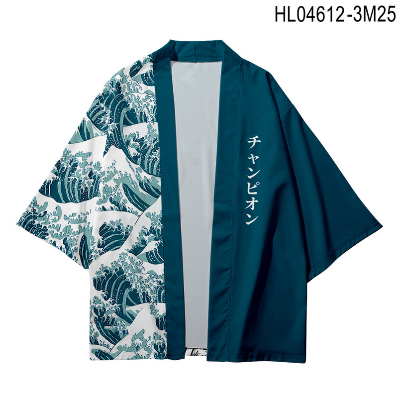 Japanese-Style Kimono with Wave Pattern and Paisley Around the Edges, Fashionable 3D Printed Cape Clothing for Men and Women, Summer Youth