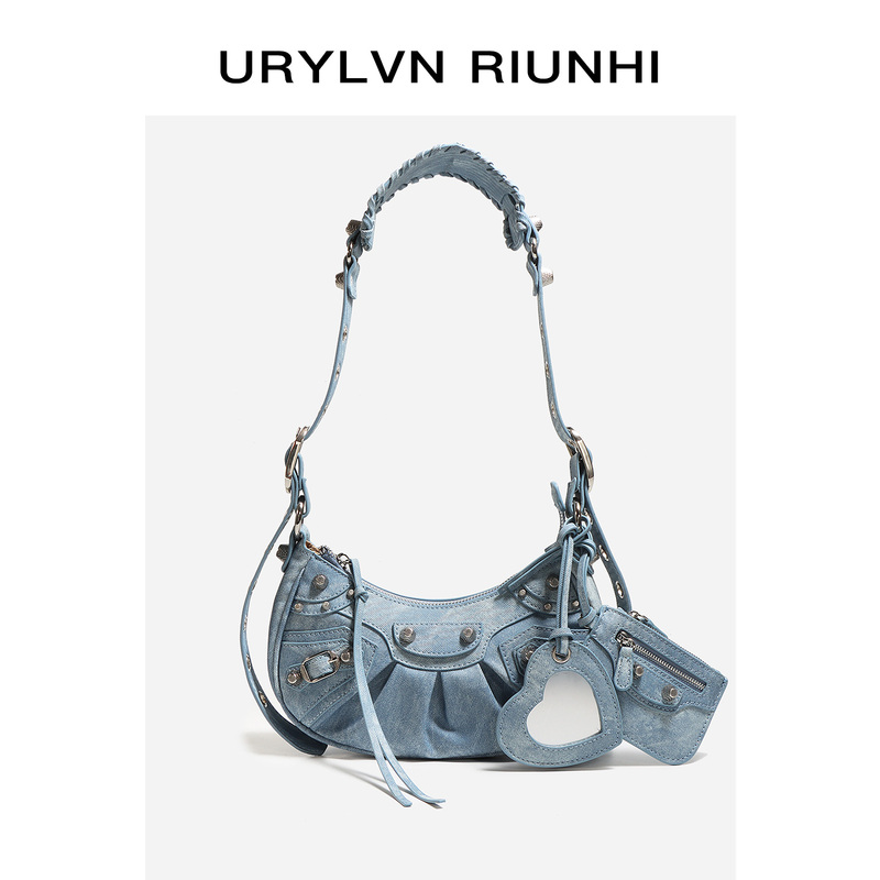 Urylvnriunhi Summer Denim Blue Hot Girl Biker Bag High-Quality Underarm Bag Crossbody Bag for Women with Tassels and Studs Urylvnriunhi Summer Denim Blue Hot Girl Biker Bag High-Quality Underarm Bag Crossbody Bag for Women with Tassels and Studs