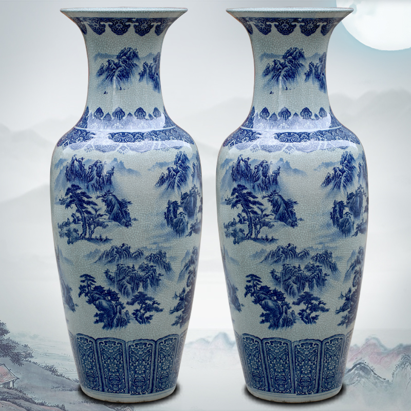 Blue and white porcelain of jingdezhen ceramics archaize on crackle landscape painting of large vase hotel furnishing articles in the living room