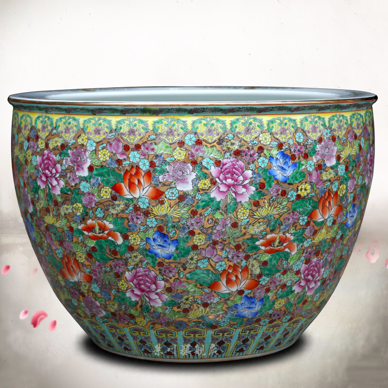 Jingdezhen Ceramic Handmade Pastel Lotus Goldfish Tank Ornaments Calligraphy and Painting Scroll Storage Turtle Tank Large Water Tank