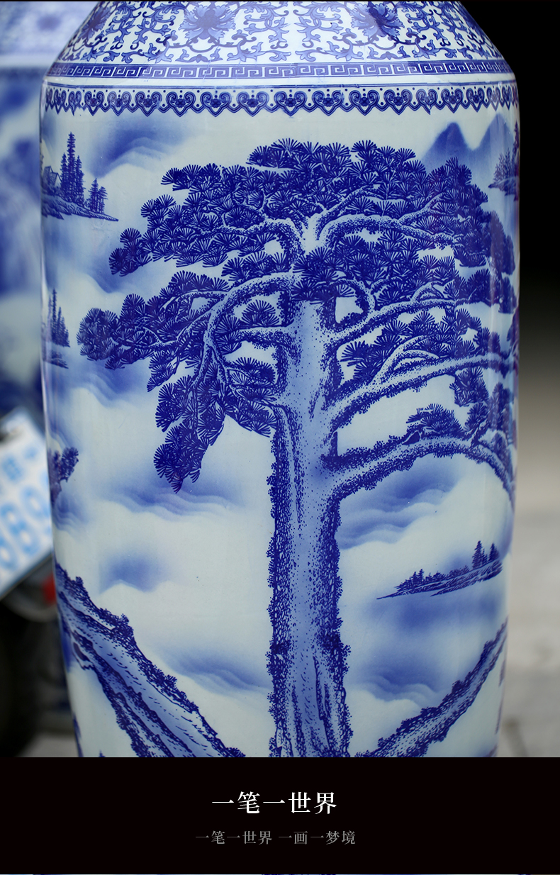 Jingdezhen blue and white porcelain guest - the greeting pine sitting room of large vase household ceramics study furnishing articles store opening gifts