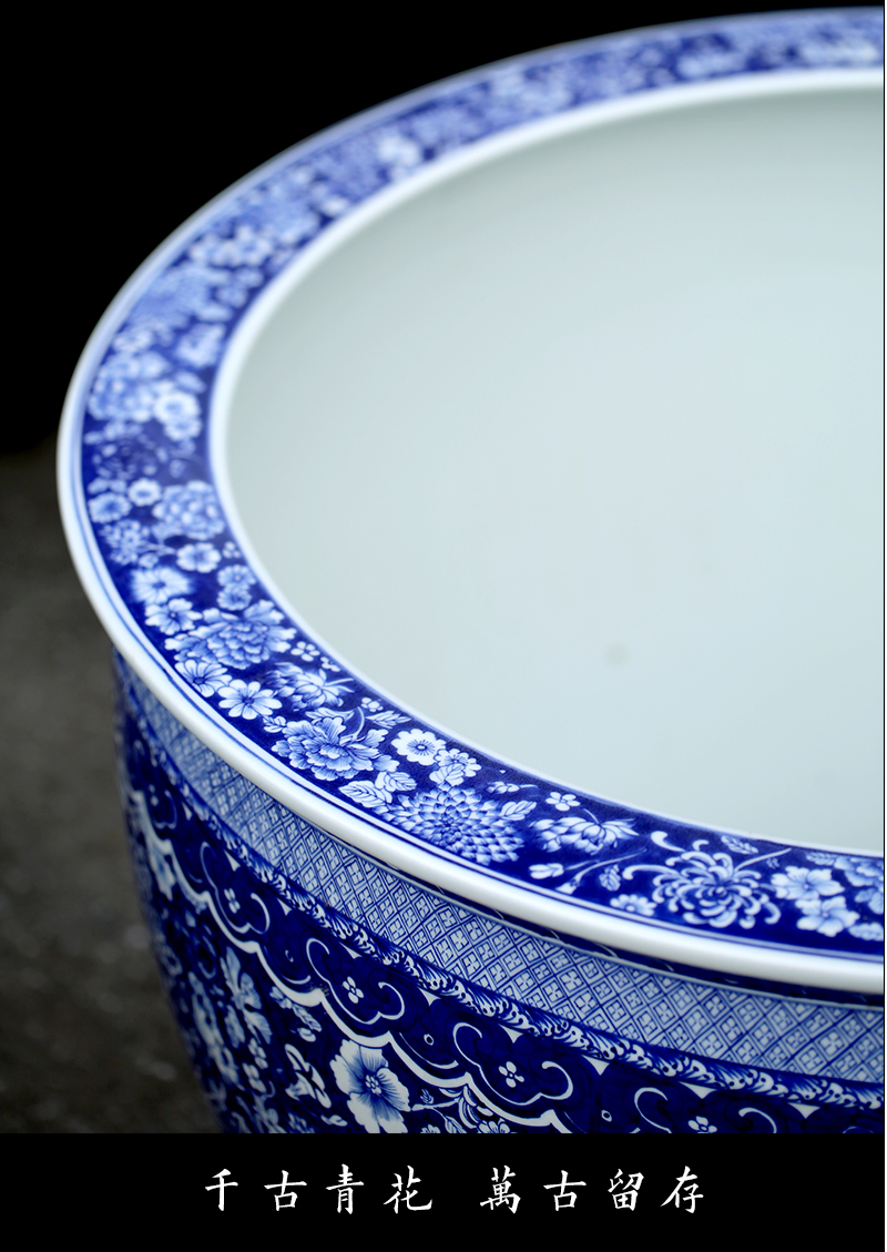 Jingdezhen blue and white porcelain painting flower ceramic aquarium fish tank sitting room lobby the tortoise water lily cylinder furnishing articles