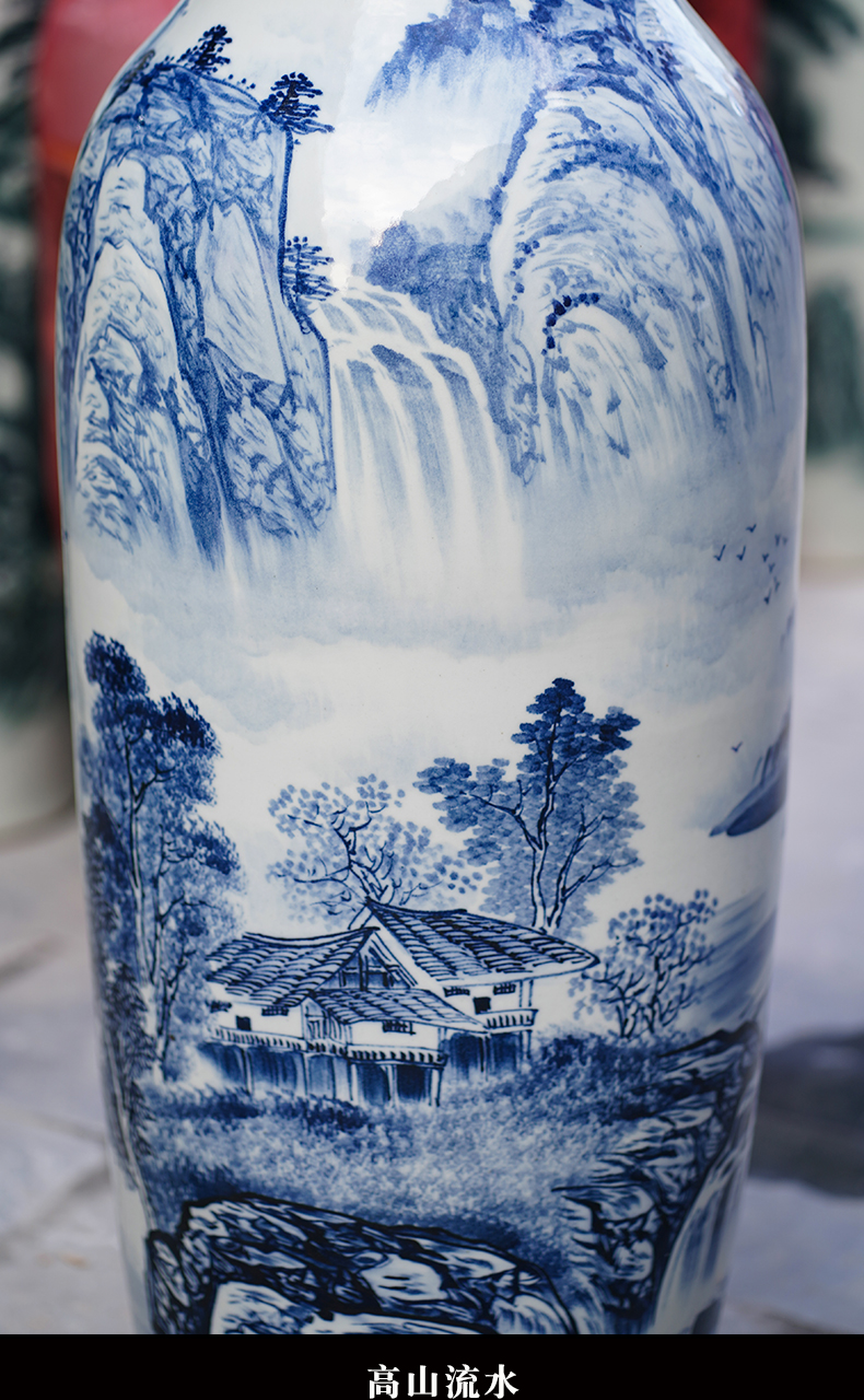 Jingdezhen blue and white porcelain painting landscape painting of large vase sitting room TV cabinet study Chinese style household furnishing articles