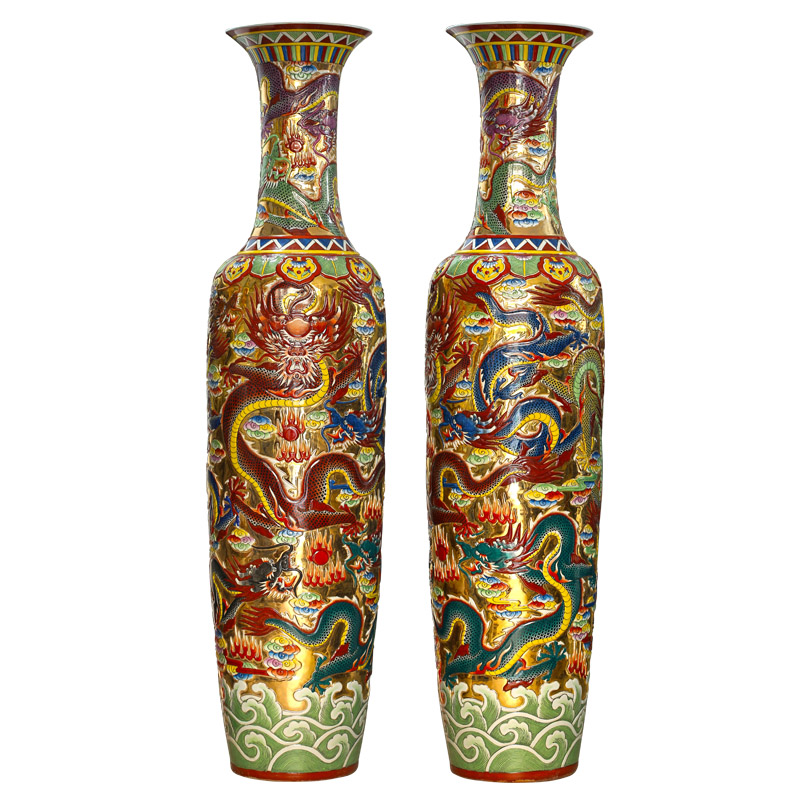 Jingdezhen ceramics gold at the end of five dragon paint hand - made porcelain carving the sitting room of large vases, large furnishing articles