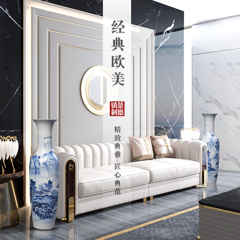 Jingdezhen blue and white porcelain painting landscape painting of large vase sitting room TV cabinet study Chinese style household furnishing articles