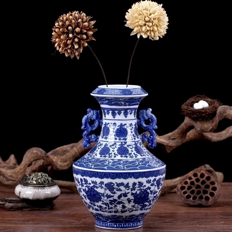 Mesa vase of jingdezhen blue and white ears tie up lotus flower blue and white ceramics modern household decorates sitting room furnishing articles