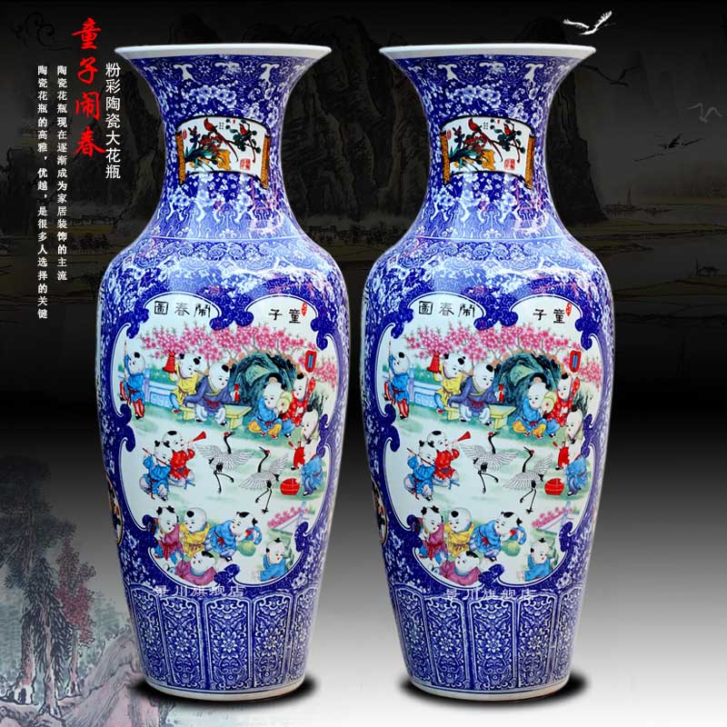 Blue and white porcelain of jingdezhen ceramics archaize lad spring of noise figure of large sitting room place vase hotel decoration