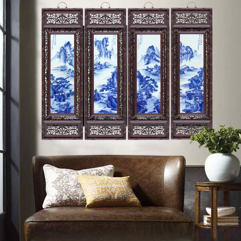 Jingdezhen ceramic background made porcelain plate painting landscape painting four screen adornment home sitting room hotel furnishing articles to restore ancient ways
