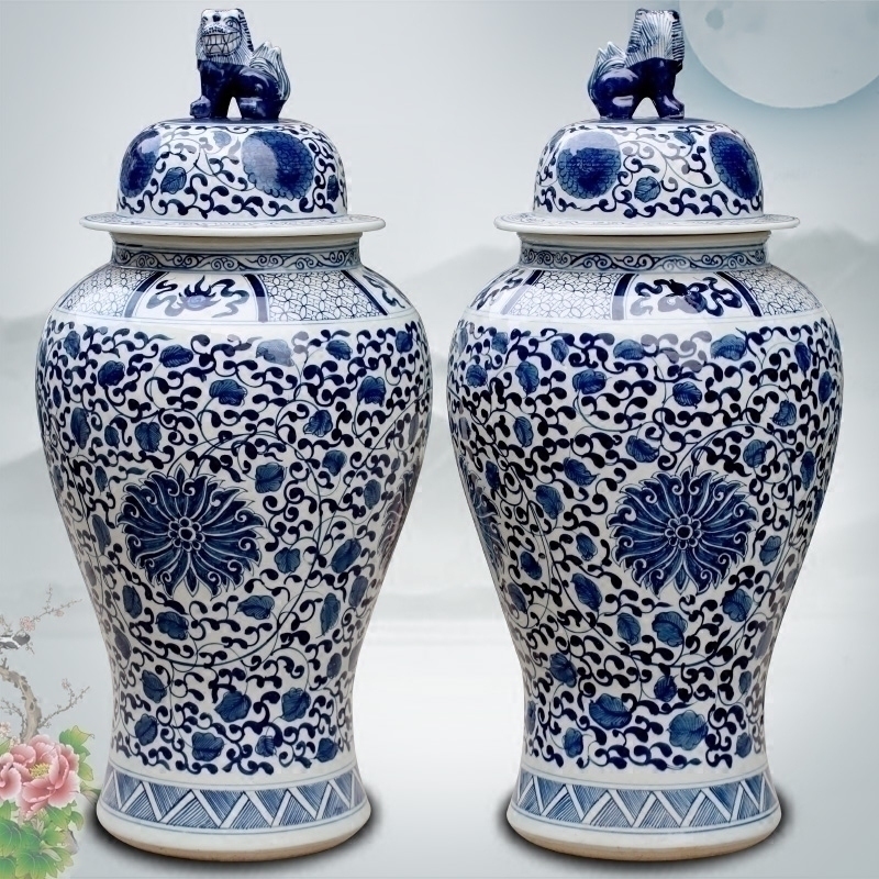 Blue and white porcelain of jingdezhen ceramics hand - made bound lotus flower of large vase household archaize sitting room place the general tank