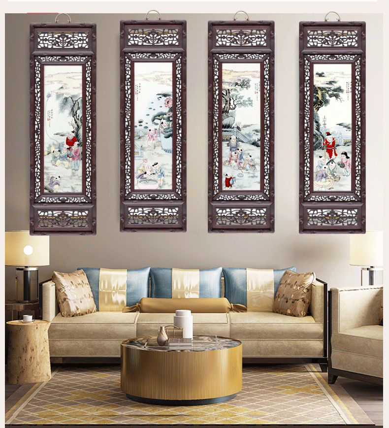 Jingdezhen home sitting room adornment hotel background made porcelain plate painting modern Chinese ceramic four screen furnishing articles