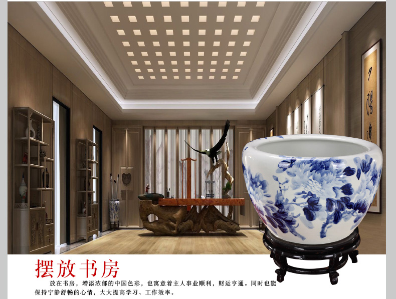 Jingdezhen ceramics brocade carp goldfish bowl of blue and white porcelain peony water lily lotus tortoise cylinder household adornment furnishing articles