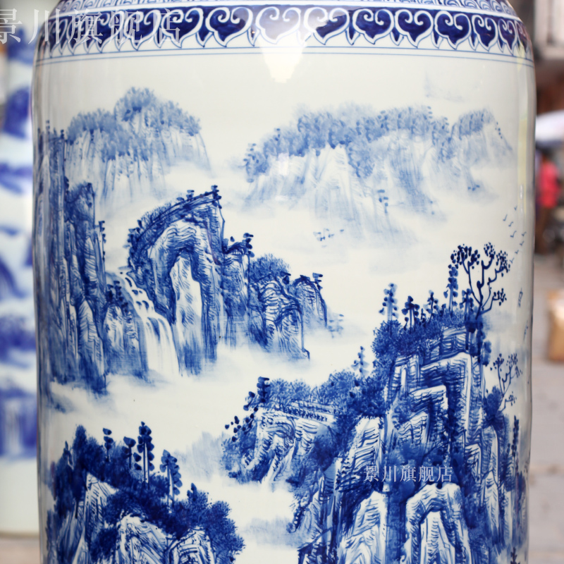 Jingdezhen blue and white ceramics craft painting ancient wind antique vase opening taking 1.8 m 2 m