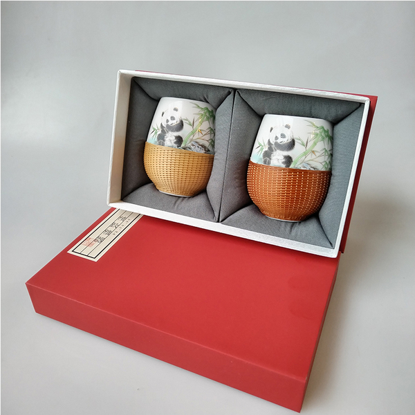Bamboo Silk Buckle Porcelain Double-Cup Tea Set, Sichuan Intangible Cultural Heritage Gift, Business Gift, Gift Box Set, Chengdu Specialty Panda Double Cup