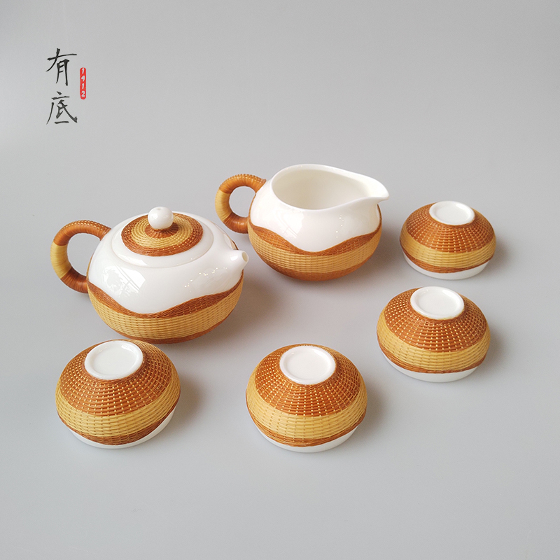 Porcelain and Bamboo Tea Set, Teapot with Bamboo Thread, Porcelain Tea Set, Chinese-Style Gift for Foreign Friends Porcelain and Bamboo Tea Set, Teapot with Bamboo Thread, Porcelain Tea Set, Chinese-Style Gift for Foreign Friends
