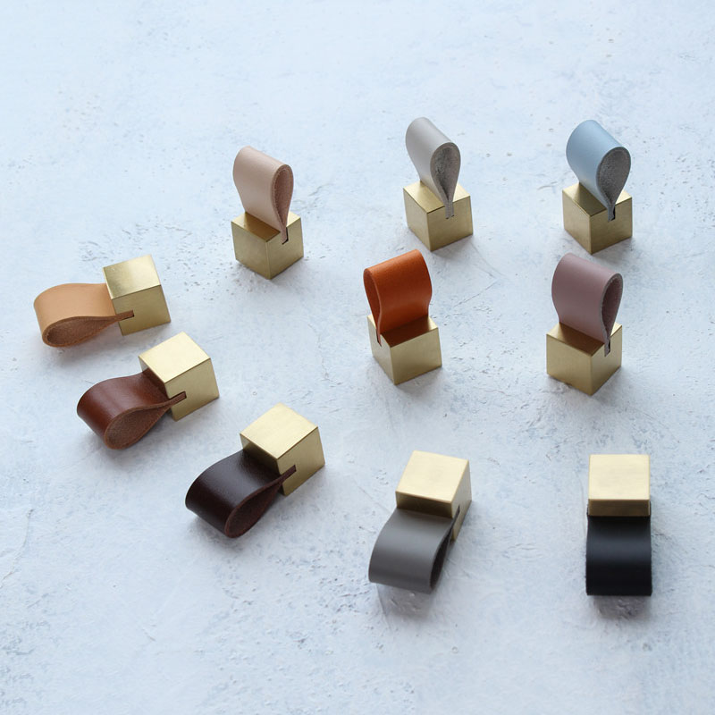 Drawer clothing cabinet door leather handle extremely minimalist door light luxury cabinet pull handle Nordic brass pull handle genuine leather handle