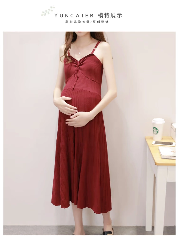 Bà bầu phù hợp với mùa thu mẫu thời trang 2018 mới mang bầu mùa thu hai dây đan áo mẹ