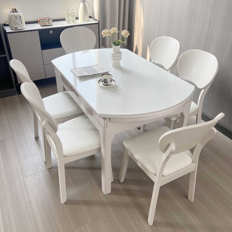 Microcrystalline Stone Dining Table, Modern and Simple, Home-Use, Extendable and Transformable into a Round Table, High-End Light Luxury Marble Cream Solid Wood Dining Table