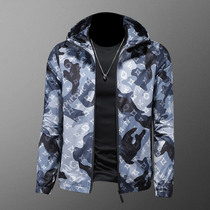 European station coat mens spring and autumn leisure Korean trend handsome coat slim camouflage printed hooded long sleeve jacket