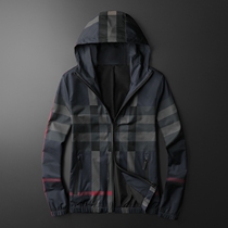 Plaid jacket mens European station long sleeve Spring and Autumn New Korean slim stripe print hooded casual plus size jacket