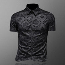 European station Tide brand short sleeve mens shirt embroidery flocking high-end slim black casual top non-iron youth shirt