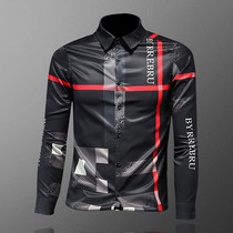 Striped shirt men long sleeve youth Plaid printing business leisure plus size shirt fashion slim fashion fashion brand Europe and America