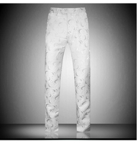 Embroidered casual trousers mens slim straight tube flower suit pants large size stage Korean version of non-iron White long pants tide