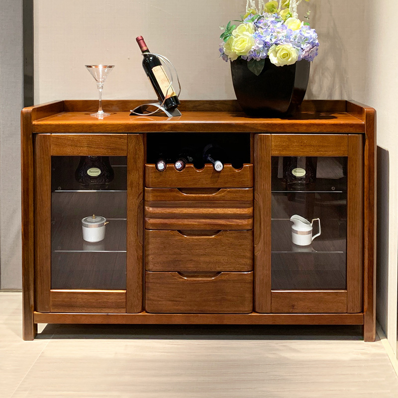 Full solid wood sideboard walnut storage bowl cabinet wine cabinet double door Chinese style living room tea cabinet kitchen locker