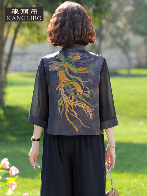 Middle-Aged and Elderly Women's Three-Quarter Sleeve Chiffon Blouse, 2025 New Summer Slimming New Chinese Style Top Set