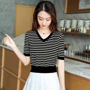 ເສື້ອຍືດແຂນສັ້ນ ຄໍ v-sleeved ຂອງແມ່ຍິງ summer ສັ້ນ ice silk sweater tops ສໍາລັບຄົນຂະຫນາດນ້ອຍໃສ່ກັບ skirts