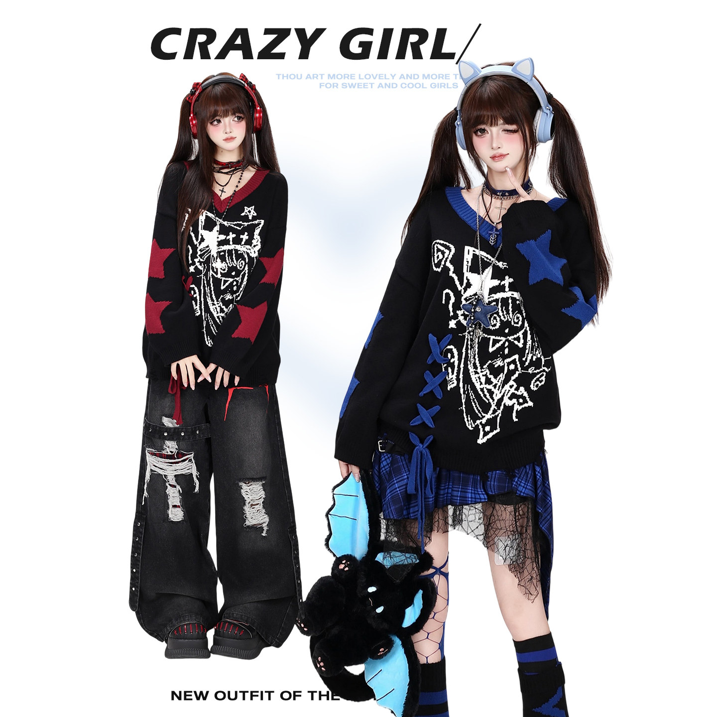 crazygirl [Cute Glitch] Original Asian Cute Anime V-neck Tie-up Loose Knit Pullover Sweater for Women