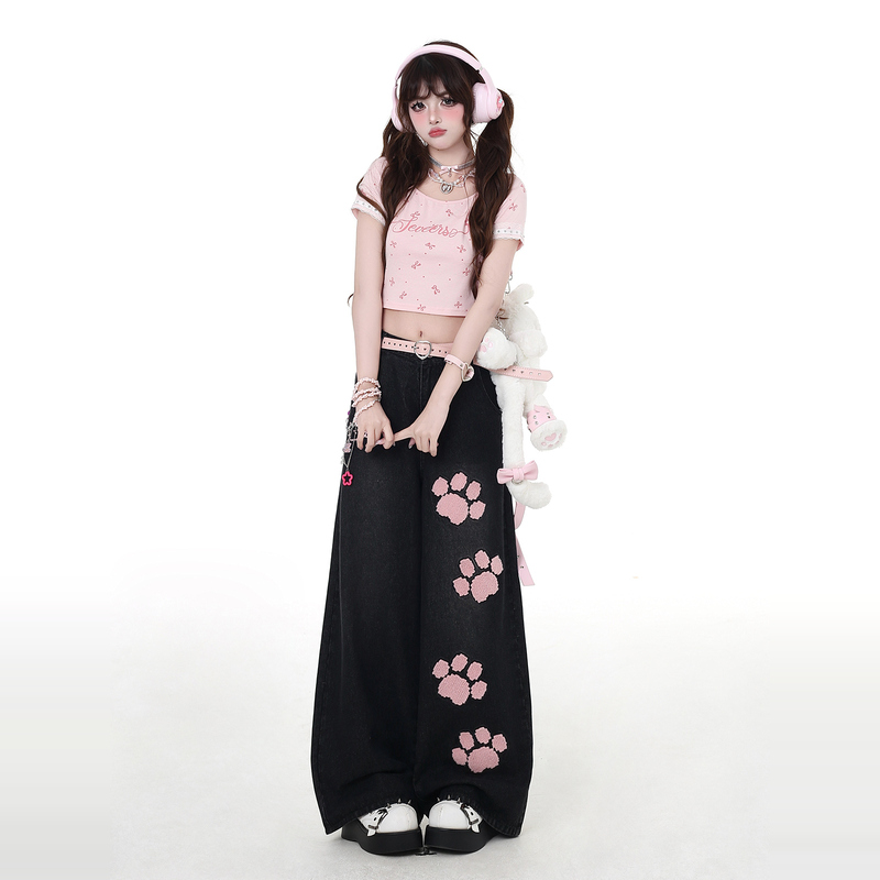 Crazygirl【Cat Cat Manufacturing】Original Embroidered Sweet High-Waisted Design Spring and Summer Straight-Leg Denim Pants