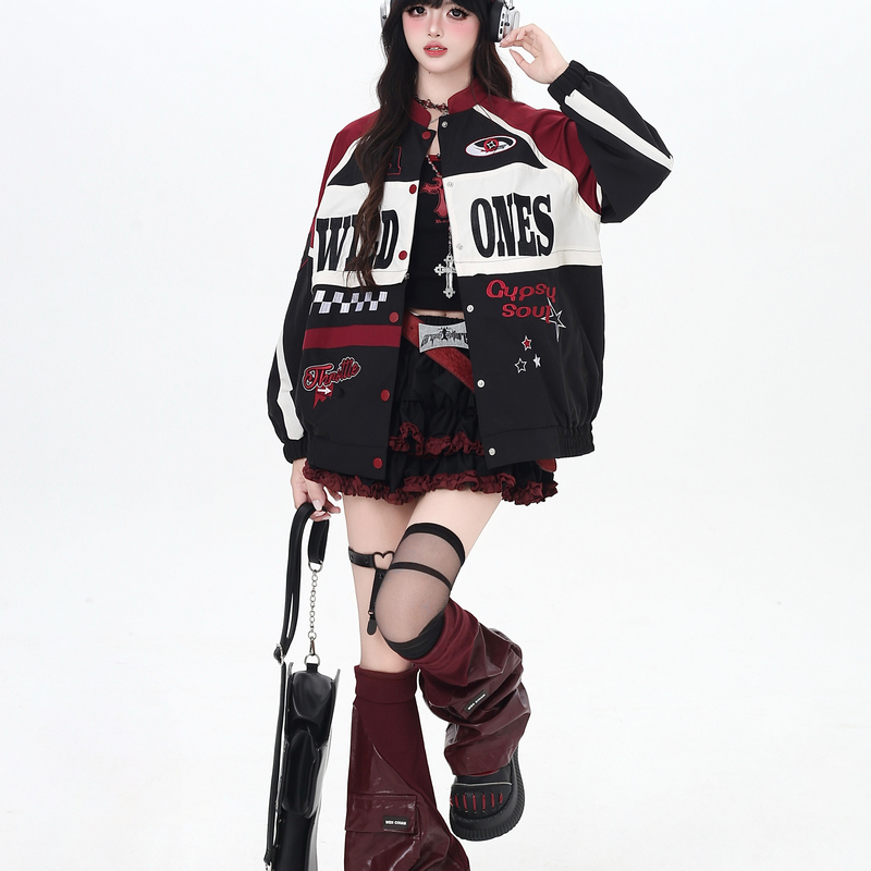 Crazygirl【Transfer Student】Original Street Retro American Style Patchwork Motorcycle Jacket Baseball Jacket Autumn Winter Crazygirl【Transfer Student】Original Street Retro American Style Patchwork Motorcycle Jacket Baseball Jacket Autumn Winter