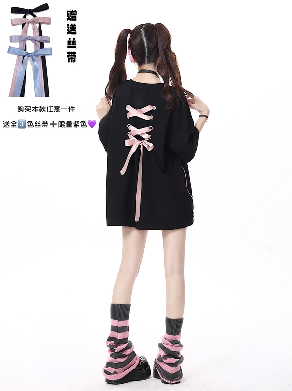 Crazygirl【Fluttering Code】Bow-Tie Strap Original Design Loose Sweet Cool Versatile T-Shirt Summer New Arrival