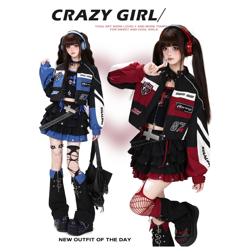 Crazygirl Never Gets Tired of Wearing It! Original American-Style Embroidered Stand-Up Collar Hot Girl Y2K Biker Jacket Racing Jacket Short Coat for Women
