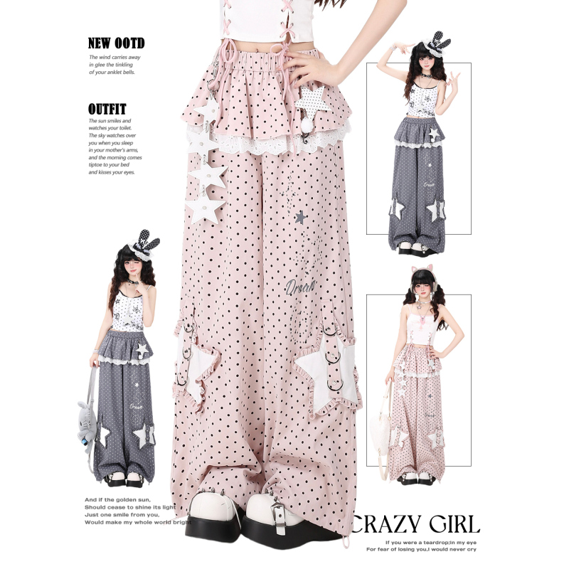Crazygirl Original Star Polka Dot Fake Two-Piece Sweet Cool Style High-Waisted Straight Loose Thin Long Pants Casual Pants Crazygirl Original Star Polka Dot Fake Two-Piece Sweet Cool Style High-Waisted Straight Loose Thin Long Pants Casual Pants