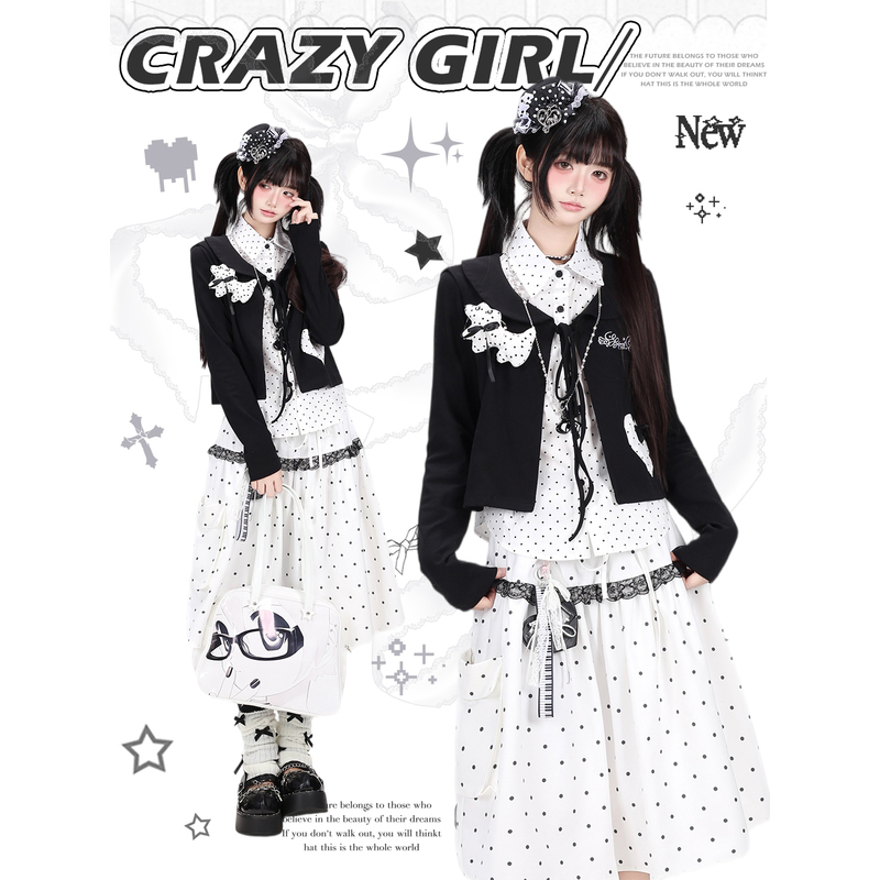 Crazygirl Korean Style Girly Polka Dot Fake Two-Piece Lapel Casual Slim-Fit Design Shirt Top Crazygirl Korean Style Girly Polka Dot Fake Two-Piece Lapel Casual Slim-Fit Design Shirt Top