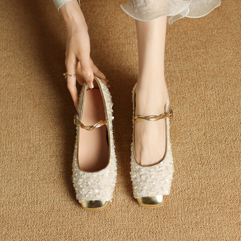 Chanel-Style Shallow Single Shoes for Women, Small Sizes 32-33, Fairy-Style Sequin Chunky Heel Square Toe Mary Jane Shoes, Large Sizes 41-43