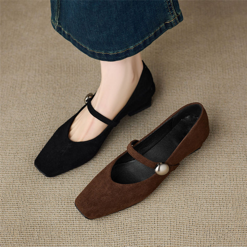 French Retro Style Square-Toe Mary Jane Shoes for Women, Chunky Heel, Single Strap, Suede Shallow Mouth Shoes, Versatile, Large Sizes 41 to 43