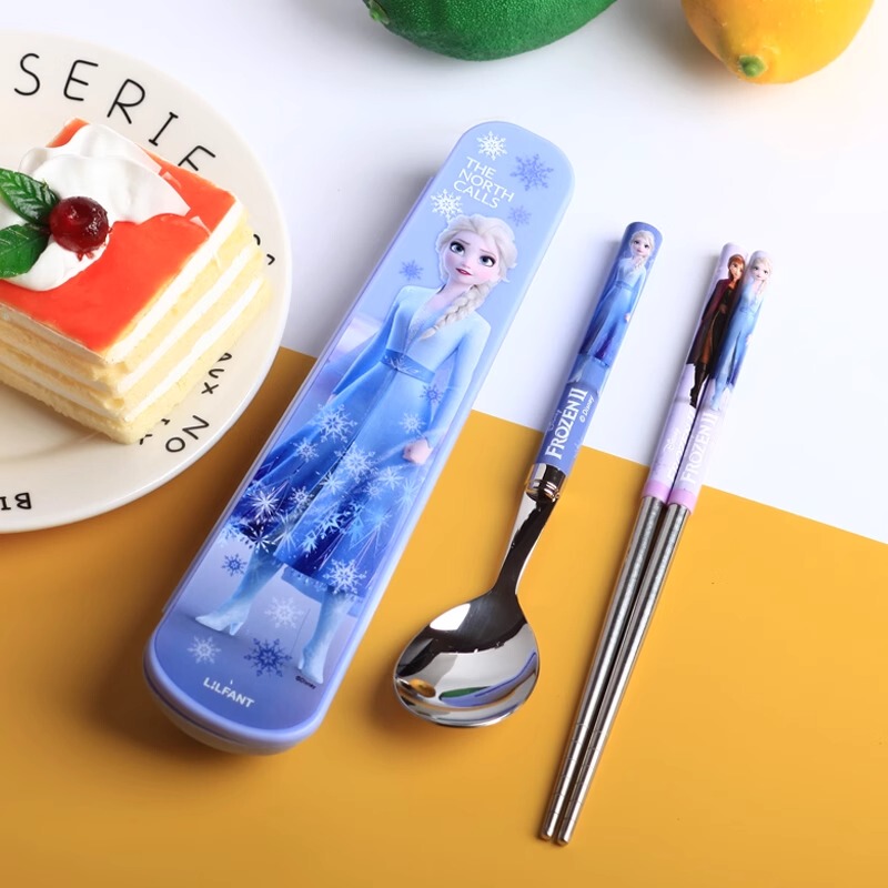 Frozen Chopsticks Spoon Set Elsa Princess 304 Stainless Steel Kidsren's Tableware Portable Three-Piece Set Cute