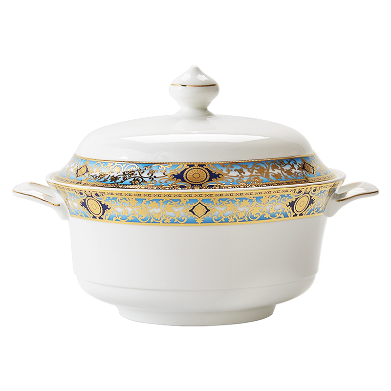 Elegant embossed gold big bare-bones porcelain soup pot with the cover of the big bowl of soup pot soup villa tableware between example basin tureen