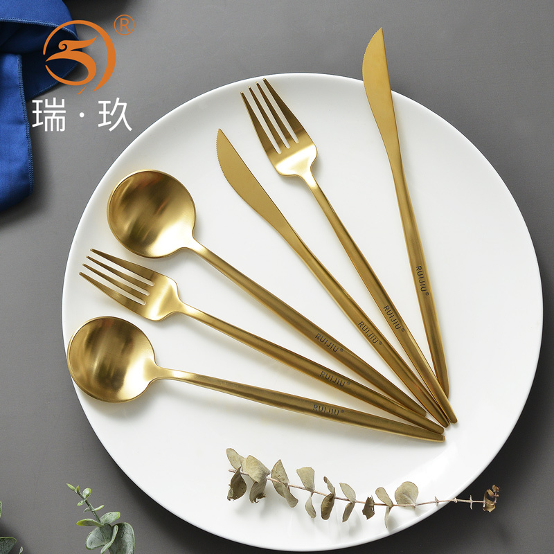 Western-Style Tableware Knife and Fork Set, Stainless Steel Gold Knife, Fork, and Spoon Three-Piece Set, Light Luxury European-Style Household Steak Knife and Fork