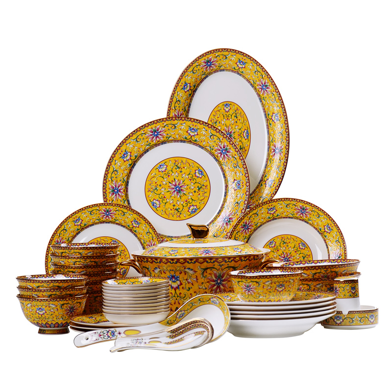 Tangshan ipads porcelain tableware dishes suit household of Chinese style ceramic bowl dish combination 58 head colored enamel tableware gift boxes