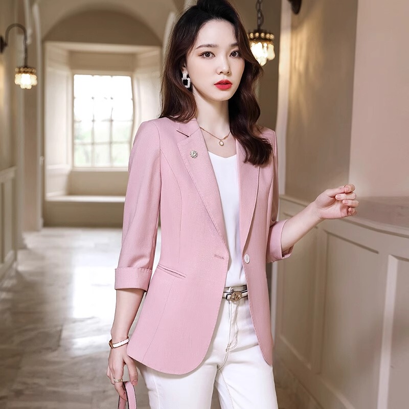 Pink Blazer for Women 2026 Summer Korean Style Elegant Slimming Mid-Sleeve Formal Wear No-Iron Thin Blazer for Women