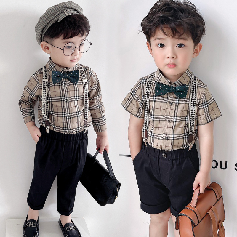 Baby one-year-old dress British style boy spring and summer shirt autumn children's suit overalls suit flower girl handsome
