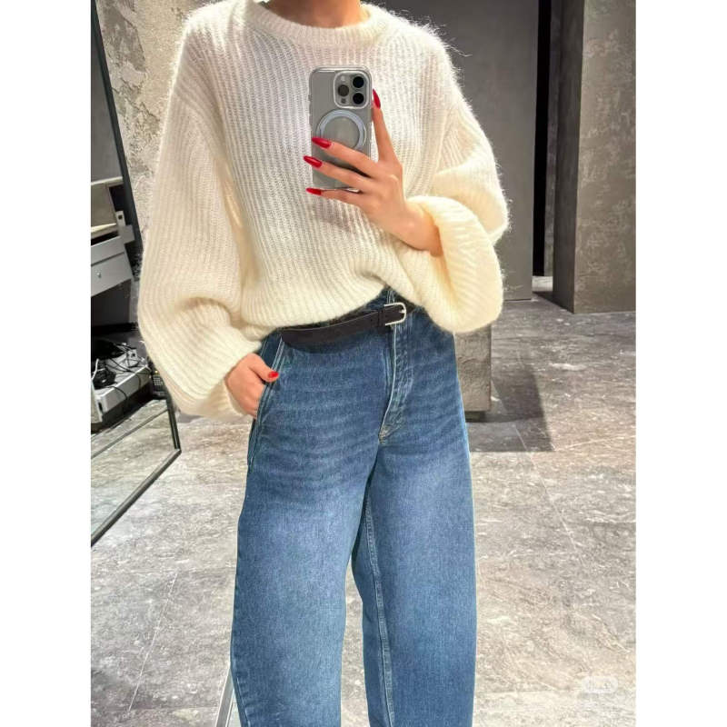 Tote Mohair Round Neck Sweater with Loose Lantern Sleeves Tote Mohair Round Neck Sweater with Loose Lantern Sleeves
