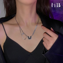 Temperament Super Shiny Zircon Butterfly Splicing Double Layer Necklace Woman Summer Light Lavish Crowdlock Bone Chain Superior Sense Design Neck Chain
