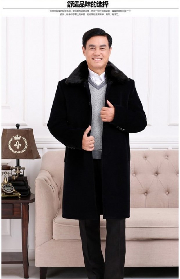 Mùa đông đặc biệt cộng với nhung dày trung niên len len áo gió áo bố lông lông cổ áo nam dài cardigan nam