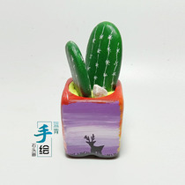 Blue Green Hand Painted Stone Painting Cactus Propylene Flower Pot Handmade Tabletop Adornment Diy Personality Cartoon Kindergarten